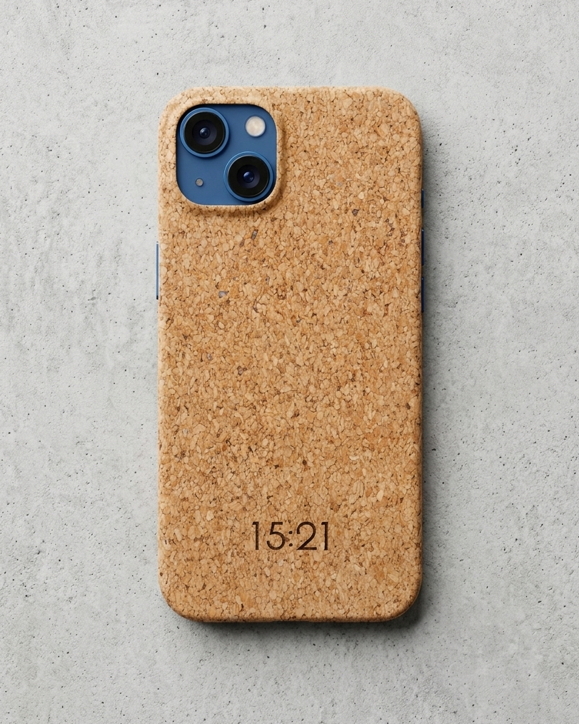 A cork phone case with a natural tan-brown textured surface, featuring the black printed text '15:21' near the bottom. The case is shown on a light gray textured background.